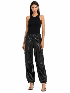 Olivaceous Black Patent Parachute Cargo Pants 55% Suede 45% PU – Size Large NWT